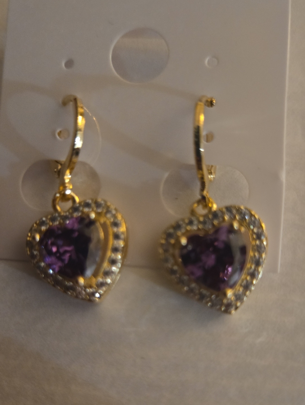 Gorgeous Gold-Plated Heart Drop Earrings with Purple And Rhinestone Gemstones